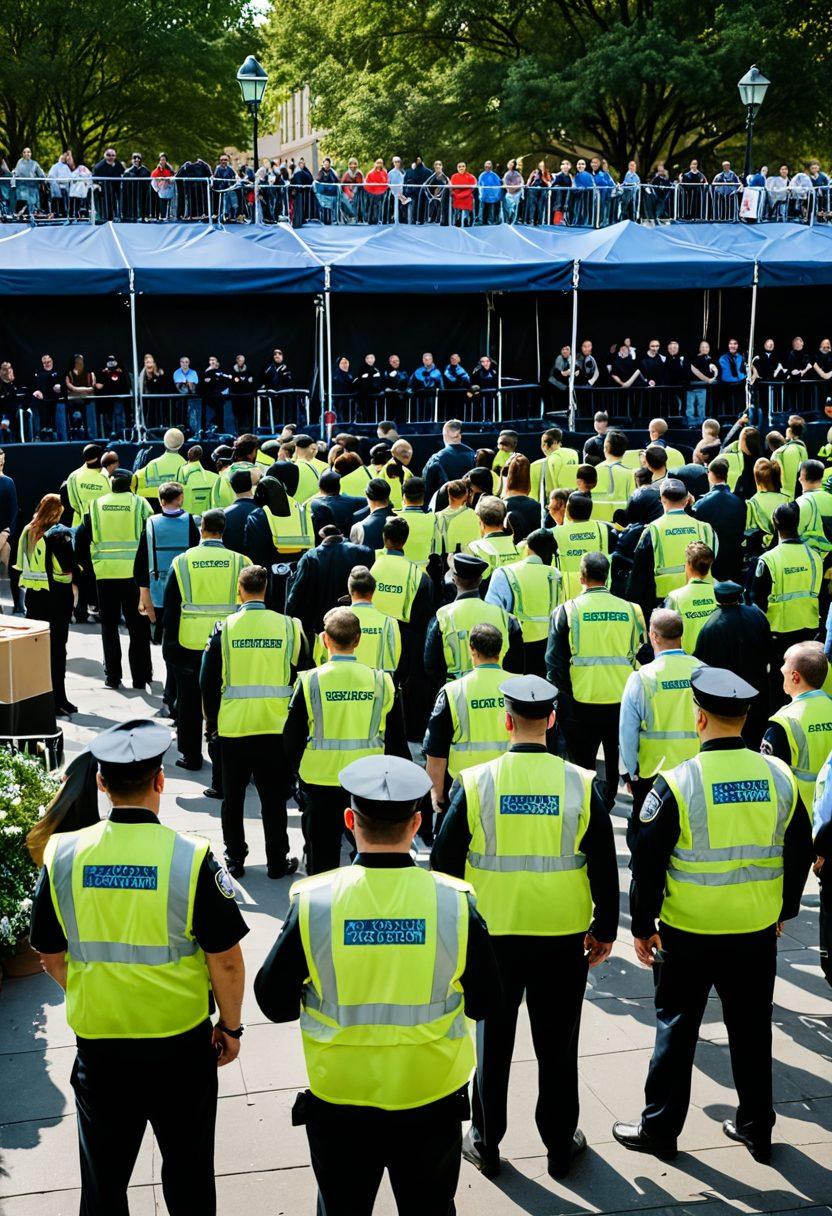 A professional event security team in action, monitoring a large outdoor gathering with attendees enjoying themselves. Display a diverse group of security personnel using communication devices, scanning the area, and engaging with guests, showcasing a balance of vigilance and hospitality. Include visual elements like barriers, surveillance equipment, and a bustling crowd having fun. The atmosphere should feel safe and organized. super-realistic. vibrant colors. dynamic composition.