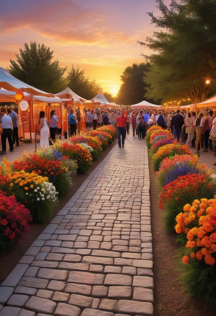 An engaging visual depicting a well-organized outdoor event with safety measures in place, including defined pathways, friendly security personnel greeting attendees, and clear signage promoting safety protocols. The audience appears relaxed and enjoying the event, with families and individuals mingling in a safe environment. Lively decorations add vibrancy, with a picturesque sunset in the background. super-realistic. vibrant colors. 3D.