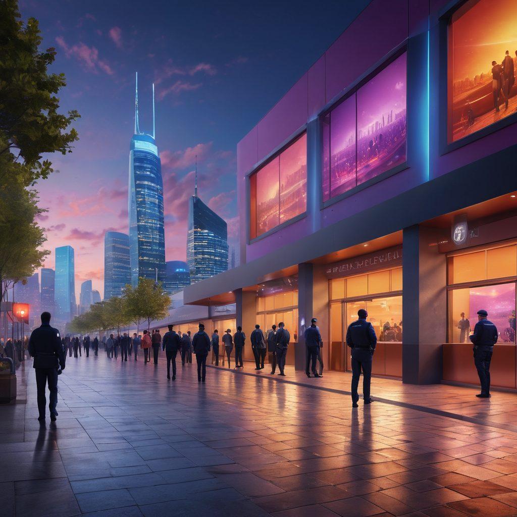 A visually striking representation of a secure venue, featuring a welcoming entrance with security personnel, surveillance cameras strategically placed around the area, an illuminated crowd enjoying themselves safely, and digital shields highlighting security measures in place. The backdrop showcases a vibrant city skyline during twilight, emanating a sense of safety and excitement. super-realistic. vibrant colors. 3D.
